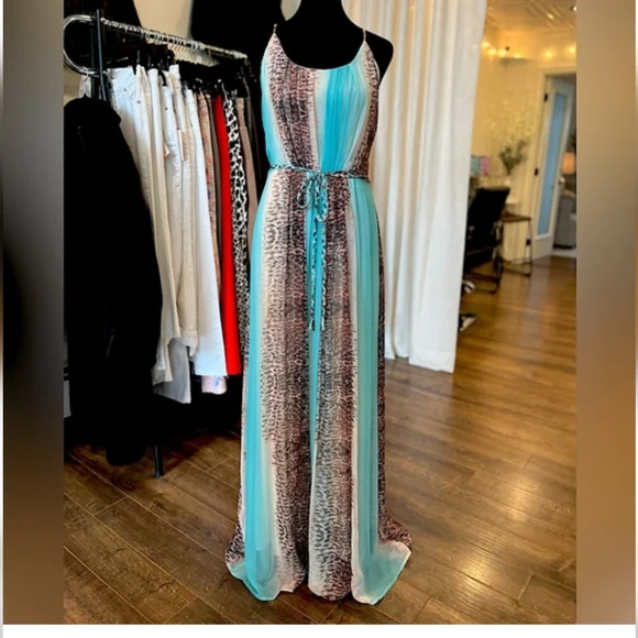 charlie jade Silk Turquoise Teal Brown Animal Print Belt Maxi Dress Size Small - Picture 4 of 11